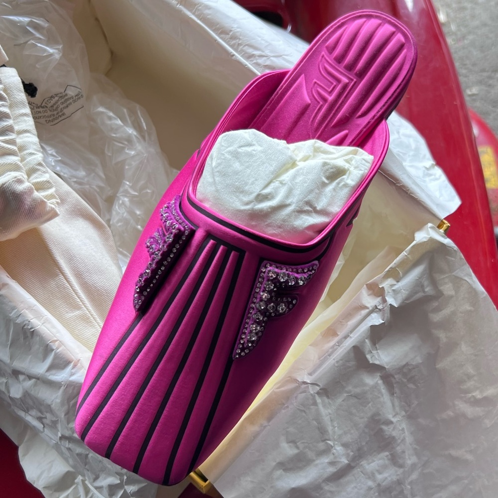 Fendi fabric mules with crystal FF appliqués. 8R6904-A6RZF16MS